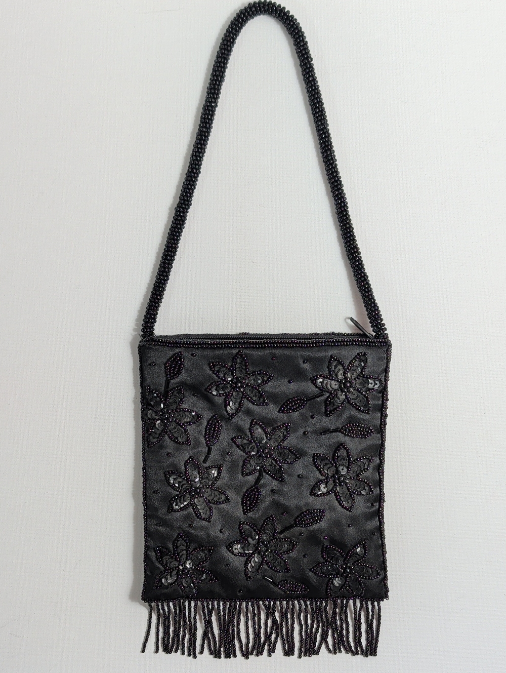 Vintage Black Beaded Floral Mini Evening Bag with Fringe